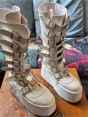 DEMONIA DAMNED-318 Punk Gothic Buckle Strap White Platform Buckles Knee Boots 12